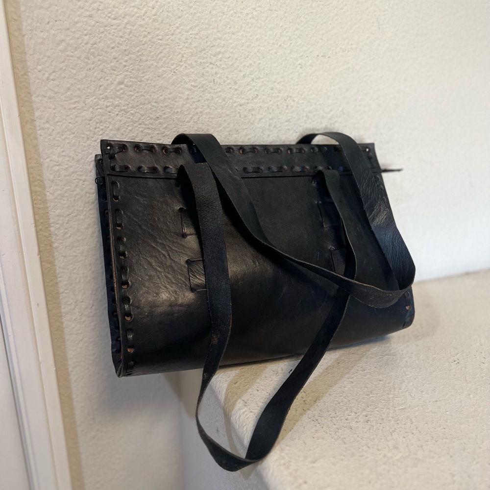 vintage handmade black leather whipstitch detailing tote shoulder bag boho